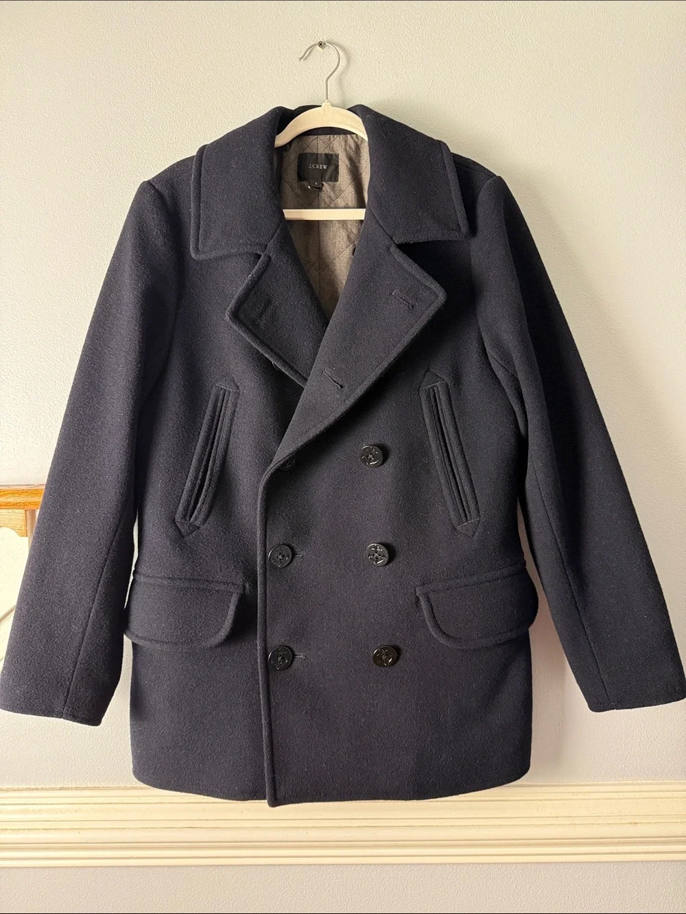 J. Crew Men's Dark Navy Double-Breasted Wool Peacoat. 80% wool Very nice!